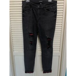 Judy‎ Blue skinny fit jeans 11/30 Black with Buffalo Plaid Distressed Patches